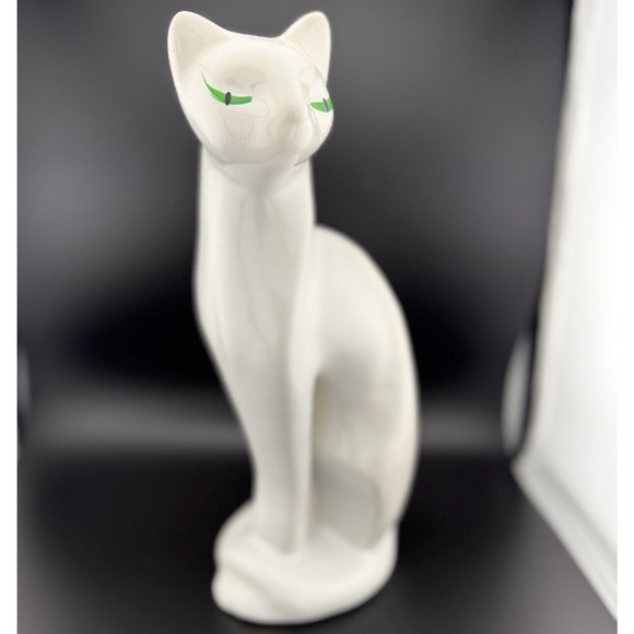 VTG MCM White Porcelain Siamese Cat Figurine with Green Eyes Made in Taiwan 12” - Picture 8 of 11